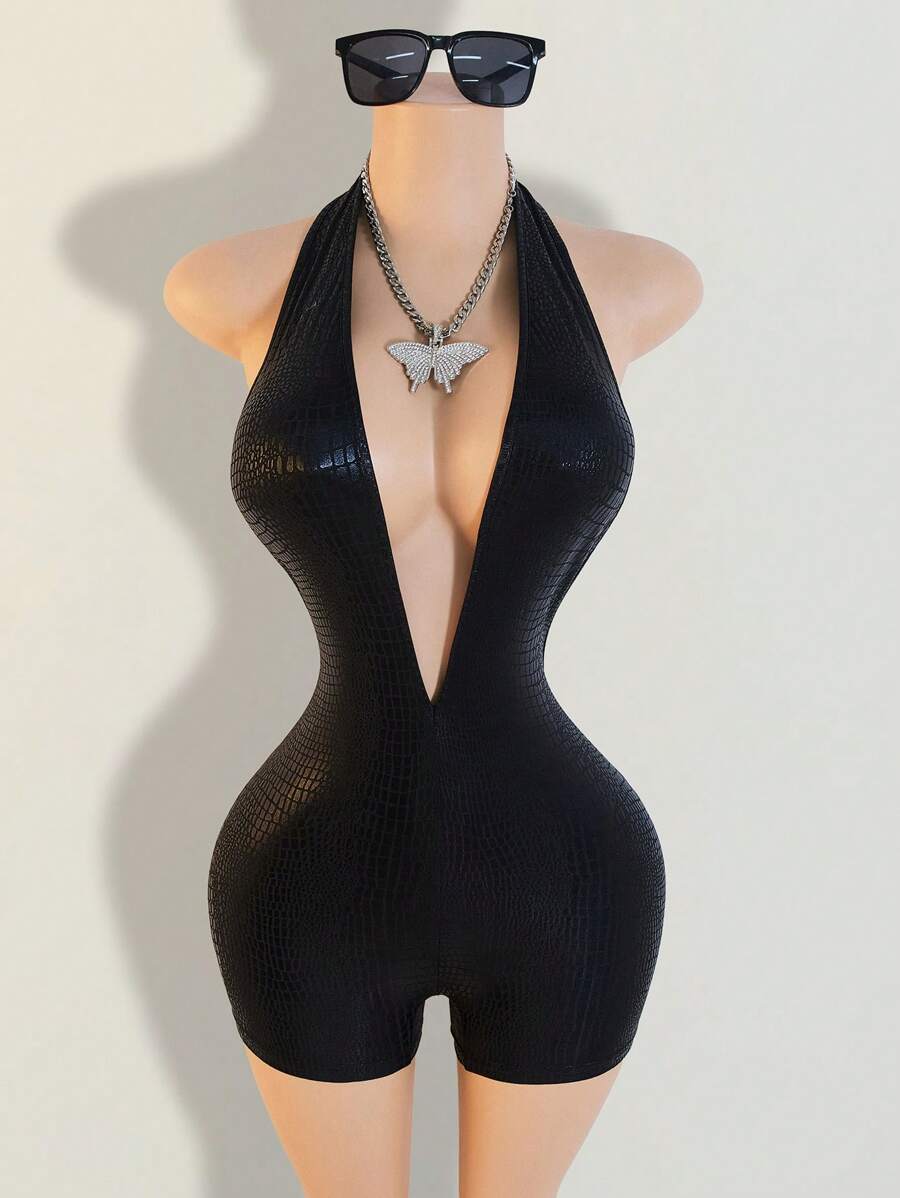Mono de verano sin mangas ajustado y versátil con estampado de leopardo y escote en la espalda en V profunda para mujer - Negro - Ver 1