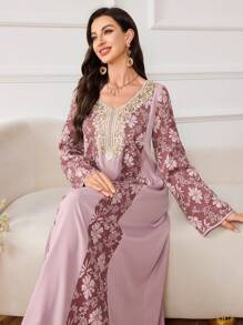 Al Najma Women's Elegant & Luxurious Turkish/Arabian Style Long Dress With Patchwork Design, Modest Kaftan - Pink - View 5