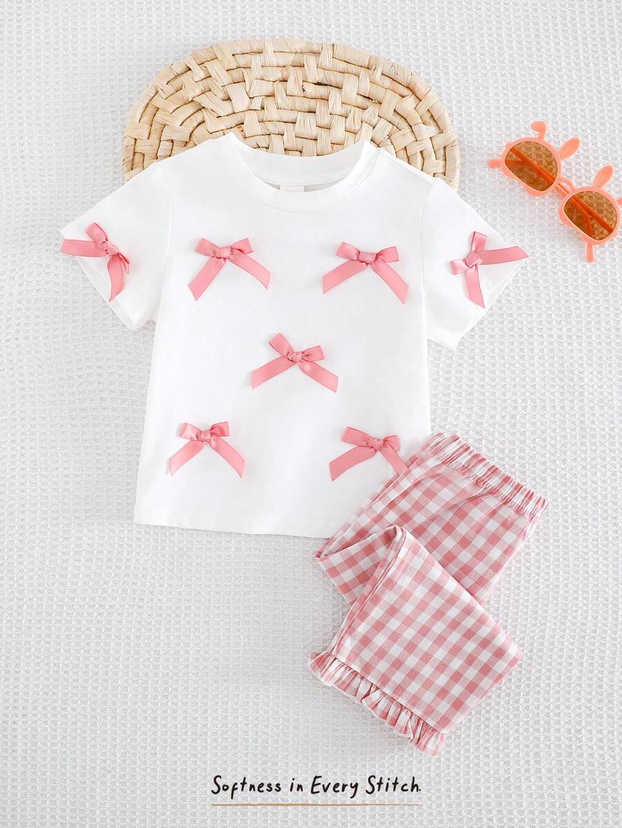 Cozy Pixies 2pcs Baby Girl 3D Bow Knit Soft Round Neck Short Sleeve Pullover Top And Elastic Waist Pants Set - Multicolor - View 1
