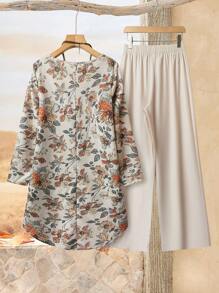 Rusticease 女式花卉印花长袖衬衫和裤子两件套休闲度假套装