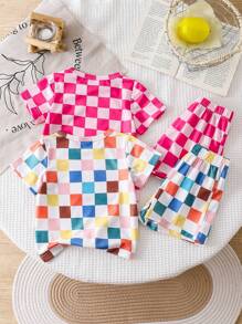 SHEIN 4pcs/Set Baby Girl' Simple Daily Life Colorful Plaid Round Neck Short Sleeve T-Shirt & Matching Shorts Outfit, 2 Sets Casual Combo - Multicolor - View 2