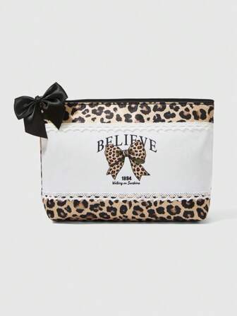 Grunge Punk Bolsa de maquillaje organizadora portátil de gran capacidad con diseño de lazo estampado de leopardo y ribete de encaje, 1288767