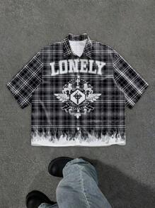 Manfinity EMRG Nuova camicia stampata con grafica di slogan a scacchi a fiamma per primavera/estate, stile casual di strada