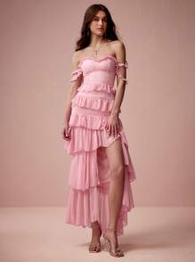 Enchnt Damen Kleid mit Schulterausschnitt, einfarbig, Rüschensaum, hoher Schlitz - Pink - Übersicht 5