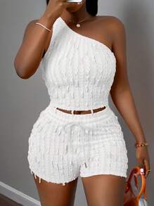 Slaydiva New Casual Vacation 2 Pieces Set: Asymmetric Fitted Sleeveless Top & Shorts, Spring/Summer - White - View 6