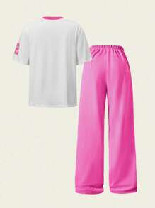 SHEIN Explorewe 2 件套青少年女孩休闲时尚街头装舒适数字图形 V 领短袖上衣和阔腿运动裤套装 - 彩色 - 查看 3