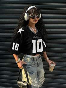 Muchica 1pc Black Satin & Mesh Panels Graphic Print T-Shirt, Minimalist & Fashionable, Suitable For Summer,Rave Top