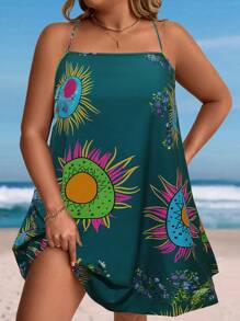 SHEIN Holidaya 大码复古印花挂脖式休闲度假连衣裙