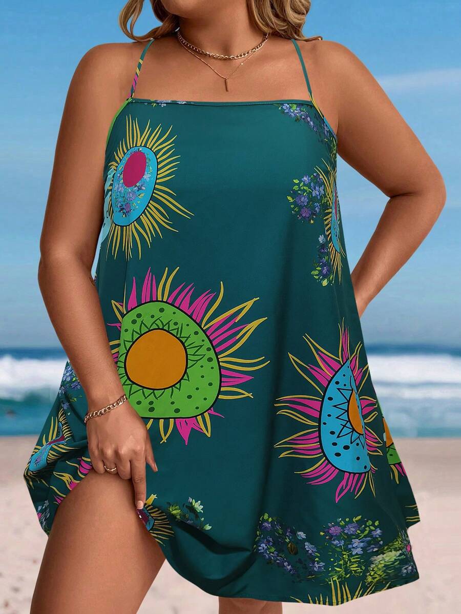 SHEIN Holidaya 大码复古印花挂脖式休闲度假连衣裙