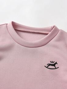 SHEIN 2 件套年轻男孩可爱休闲黄色刺绣运动衫和黑色裤子舒适服装，春季 - 淺粉色 - 查看 3