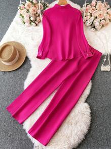 SHEIN LUNE Women's Pink Collared Shirt And Wide-Leg Pants Two-Piece Set Fall Cloth For Women - Pink - View 2