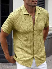 Manfinity CasualCool Camisa de hombre informal de manga corta cubana tipo pulóver, de malla texturizada de unicolor, para el verano
