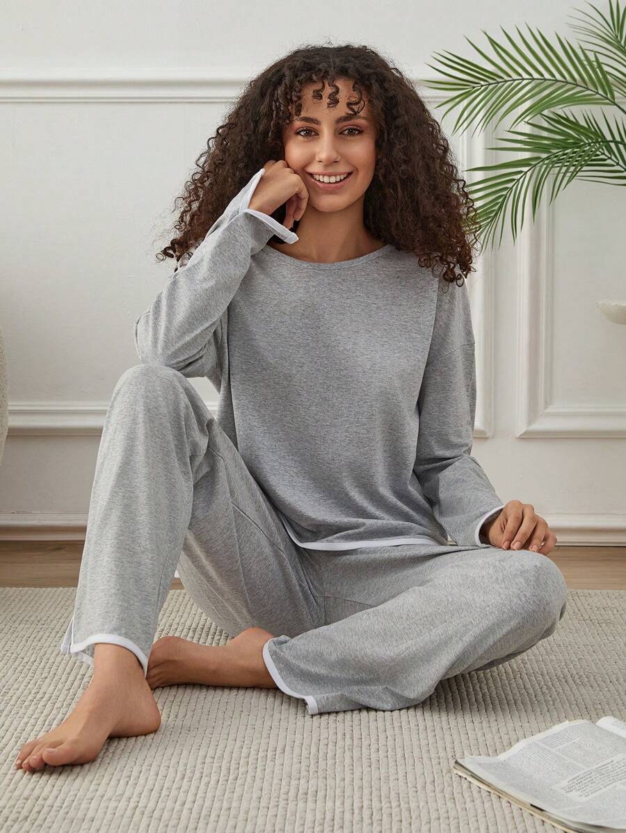 EURMUSE 2pcs Cotton Contrast Colour Piping With Slit Detail Homewear Set - Light Grey - View 1