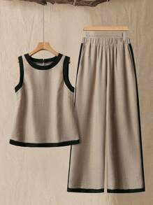 Linhara Áo crop top ngắn không tay cổ tròn màu tương phản cỡ lớn cho nữ kèm quần dài rộng rãi, bộ 2 món, giản dị và thời trang cho kỳ nghỉ và mặc hàng ngày, mùa xuân/hè - Nhiều màu - Xem 1