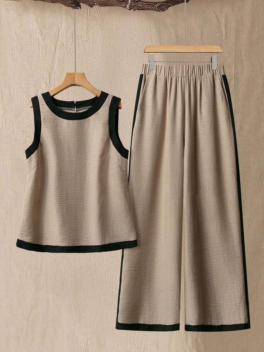 Linhara Áo crop top ngắn không tay cổ tròn màu tương phản cỡ lớn cho nữ kèm quần dài rộng rãi, bộ 2 món, giản dị và thời trang cho kỳ nghỉ và mặc hàng ngày, mùa xuân/hè - Nhiều màu - Xem 1