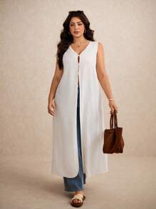 Elaquor 大码女式休闲无袖开衩长款衬衫，夏季