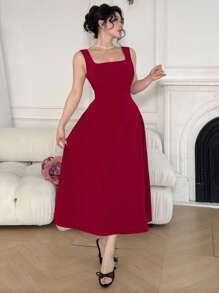 DAZY Sleeveless Square Neckline Solid Color Long Dress For Women Red Women Dresses,New Year - Burgundy - View 8