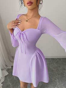 Selianne Neues Damen Mesh Patchwork Kleid mit geraffter Taille und Schleife am Kragen, A-Linie, tailliert, modisch, vielseitig, jung, elegant, sexy, Mini-Kleid - Violett - Übersicht 4