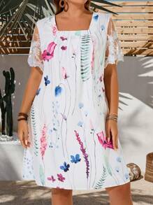 EMERY ROSE Plus Size Women Summer Vacation Square Collar Short Sleeve Lace Patchwork Floral Print Dress,Simple And Fashionable For Everyday Wear - Multicolor - View 5
