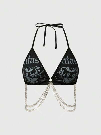 ROMWE Grunge Punk Top crop con decoración de cadena, corazón con espinas y triángulo con diseño gótico y oscuro punk del alfabeto