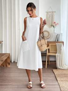 EMERY ROSE 女士休闲纯色无袖连衣裙，带双口袋，适合度假穿着