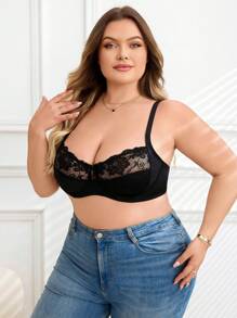 SHEIN 1 件大码蕾丝拼接软杯文胸 - 黑色 - 查看 5