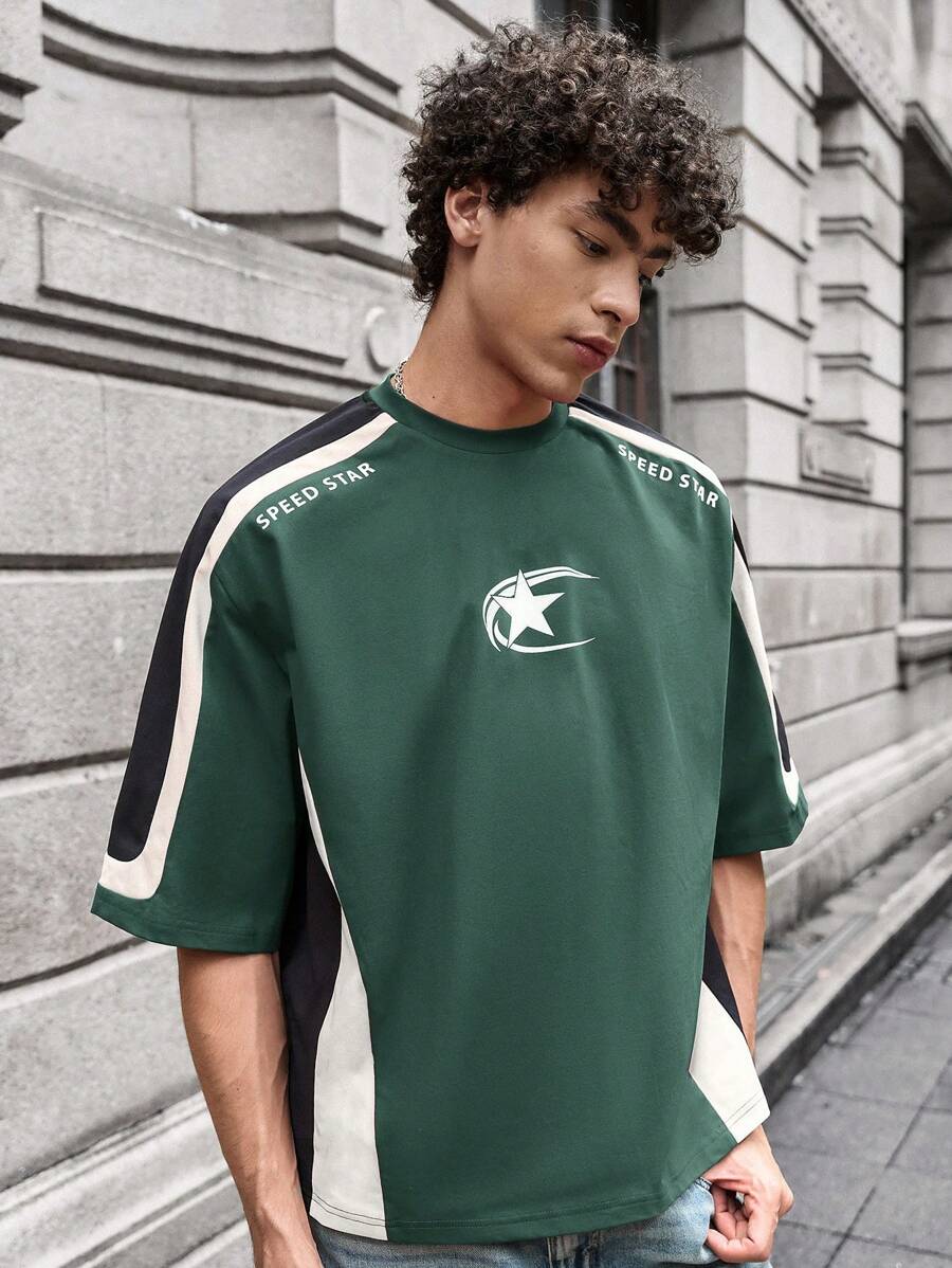 SWAVVY Men's Knit Casual Daily Loose Patchwork Short Sleeve T-Shirt, Summer, School