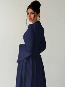 Firerie 女士优雅简约浪漫迷人通勤聚会约会俱乐部褶皱喇叭袖收腰白色 A 字裙，秋冬 - 藏蓝色 - 查看 6