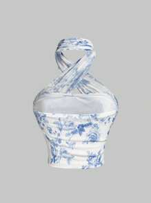 SHEIN MOD Floral Print Halter Neck Cropped Top With Cinched Waist,Streetwear  ,Old Money Style,Graduation ,Romantic ,Summer ,Festival,Vintage, Elegant,Tea Party ,Floral,Hawaiian ,Backles,Sexy ,Mesh,Sheer Top