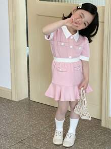 DAZY 年轻女孩优雅拼色泡泡袖衬衫和迷你裙两件套，夏季