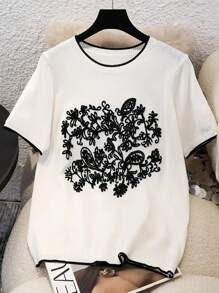 SHEIN LUNE Camiseta de cuello redondo de mujer con bordado floral de verano