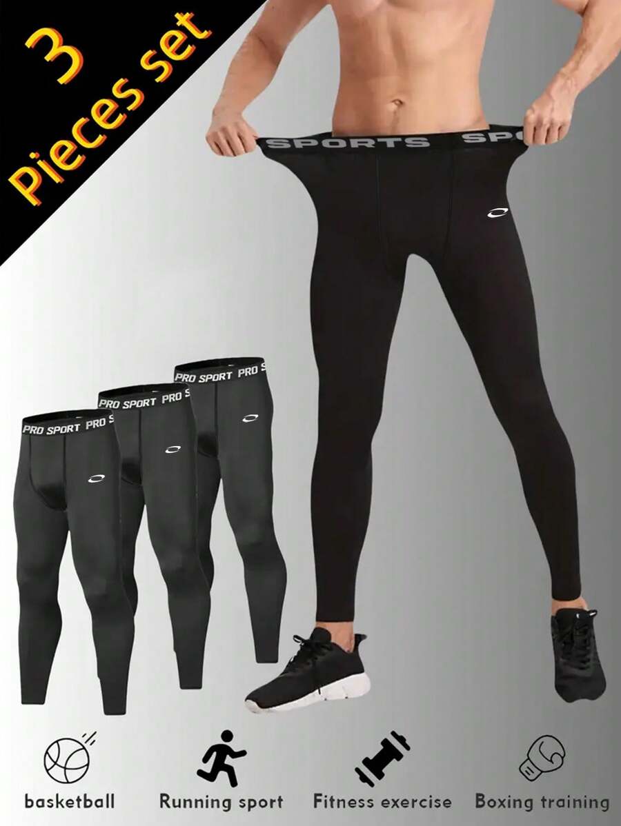 Manfinity Sport Corelite 3件套男士字母弹力腰运动压缩裤健身服跑步 - 黑色 - 查看 1