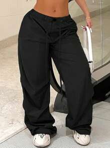 SHEIN EZwear Plus Size Casual Straight Leg Cargo Pants, Suitable For Summer - Black - View 5