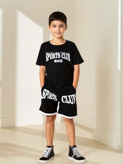 SHEIN 青少年男孩字母圖形下垂肩t恤和短褲