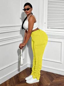 Slaydiva Celana Jeans Kasual Stretch Wanita Ukuran Plus dengan Kantong Kargo dan Elemen Desain - Kuning - View 6