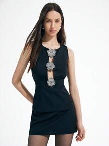 Aveloria Affinna Elegante vestido de dos piezas de cuello redondo sin mangas, cintura baja y diseño hueco con decoración floral de lentejuelas en estilo retro para mujeres