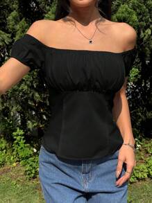 SHEIN EZwear 女士纯色荷叶边露肩时尚衬衫