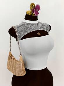 Amplova Boho-Urlaubs-Sommer-Outfits für Frauen, Urlaubs-Outfits für Frauen, ärmelloses T-Shirt mit Rundhalsausschnitt, Spitze und Patchwork-Aussparung und Krawattendekor