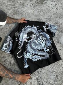 PAVTROS Manfinity Streetrush Men's Dragon & Tiger Print Street Style Cropped Zip Up Shirt - Black - View 3