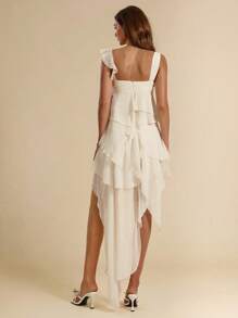 SHEIN BAE 2pcs Set Women Apricot Color Spaghetti Strap Flounce Trim Vest & Low Waist Ruffle Hem Skirt, Sweet Romantic Floral Outfit, Vacation Suit,Summer Sets - Apricot - View 2