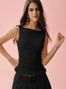 Enchnt Spring/Summer Romantic Women's Black Pleated Crew Neck Casual Tank Top,Sweet&Elegant For Holiday &Sweet Date&Daily&Vacation - Black - View 4