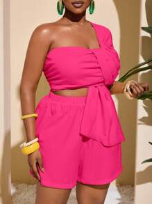 Slaydiva 大码打结前T恤和宽松短裤两件套，亮色度假风格