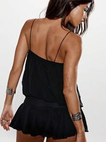 KIZN 背带V领Blouson迷你连衣裙意大利面条背带俱乐部派对飘逸褶边下摆夏季俱乐部装 - 黑色 - 查看 2