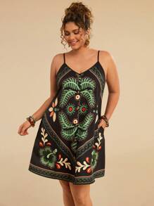Travachic Plus Size Women Summer Tropical Plant Print Pocket Casual Vacation Cami Dress, Black - Black - View 3