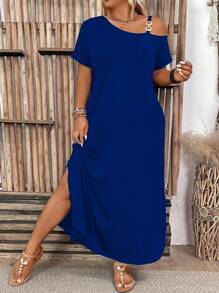 Plus Size Women's Solid Color Simple Daily Dress, For Thanksgiving Maxi Women Outfit - Blue - View 5