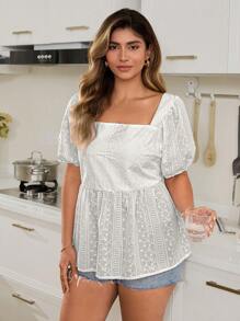 KURAYIA Áo cánh nữ cỡ lớn phong cách mới thời trang tối giản tay ngắn cổ vuông thêu màu trắng thanh lịch - trắng - Xem 3