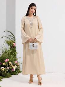 Al Najma Women's V-Neck Loose Long Sleeve Rhinestone Decorated Arabic Style Dress, Modest - Apricot - View 2