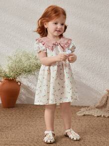 Blossori Baby Girls' Apricot Floral Print Loose Turndown Collar Dress, Spring/Summer - Multicolor - View 7