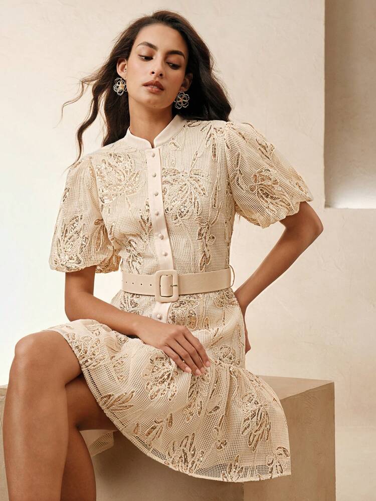 Women's Apricot Casual Summer Dress With Puff Sleeves, Half Sleeve Midi Dress With Waist Belt, Relaxed Vacation Style