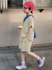 DAZY 2pcs/Set Tween Boy Solid Color Round Neck Short Sleeve T-Shirt And Shorts Casual Outfit - Apricot - View 4